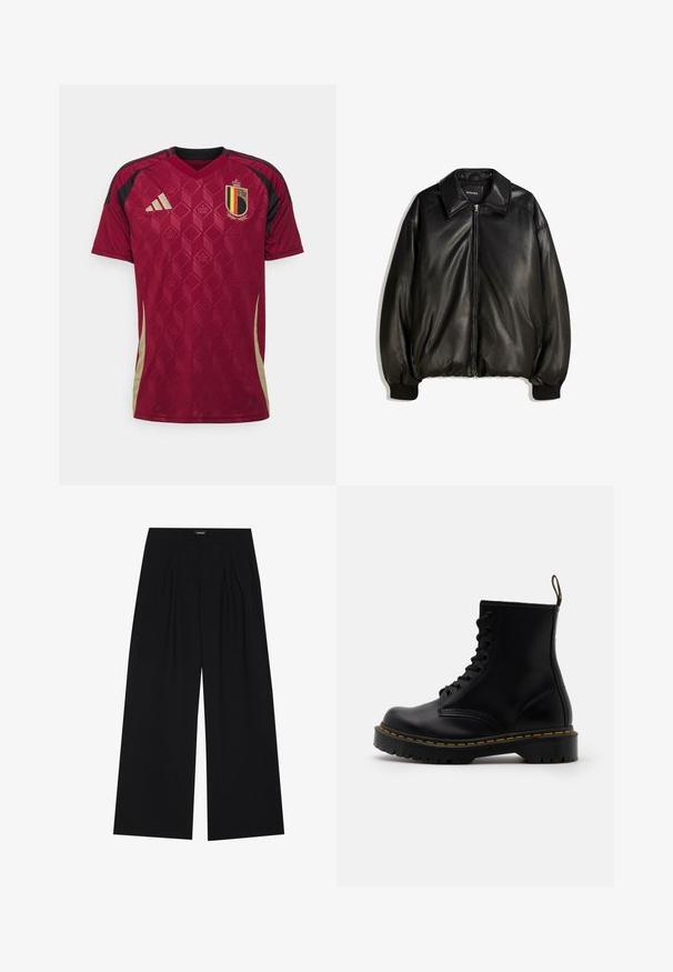Čierna kožená bunda so zipsom v prednej časti, veľkým golierom, rebrovanými manžetami a voľnou siluetou. Hladká textúra s minimálnym zdobením.; adidas Performance BELGIUM 24 HOME - Futbalový dres - burgundy; YOURTURN UNISEX - Nohavice - black; Čierne kožené členkové čižmy s šnurovaním vpredu, žltým prešívaním, okrúhlou špičkou a hrubou, textúrovanou gumovou podrážkou.