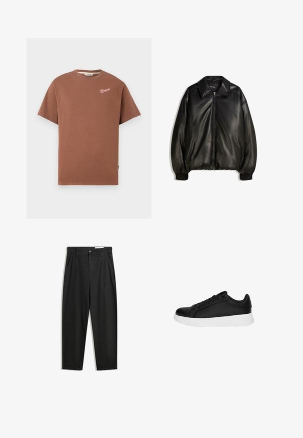 Jachetă din piele neagră cu fermoar frontal, guler mare, manșete cu nervuri și o siluetă lejeră. Textură netedă cu detalii minime.; Cămașă cu mânecă scurtă, de culoare maro, tip crewneck, cu logo-ul "Pompeii" în scris alb pe partea superioară stânga a pieptului.; Pantaloni negri din bumbac cu croială lejeră, având un brâu clasic, plii frontale și buzunare laterale. Textură netedă fără modele.; Tenisii sport negri cu o textură netedă din piele, talpă din cauciuc alb, vârf rotunjit și design cu șase gauri pentru șireturi.