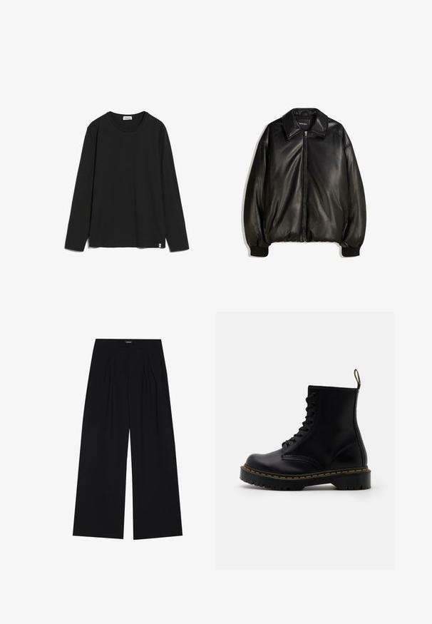 Schwarze Lederjacke mit einem Reißverschluss vorne, großem Kragen, gerippten Bündchen und einer lockeren Silhouette. Glatte Textur mit minimalen Details.; Schwarzes Langarm-T-Shirt aus Baumwolle mit Rundhalsausschnitt und einem kleinen Logo-Tag an der unteren linken Seite. Glatte Textur, lockere Passform.; YOURTURN UNISEX - Stoffhose - black; Schwarze Leder-Ankle-Boots mit schnürbarem Vorderteil, gelben Nähten, runder Zehenpartie und dicker, strukturierter Gummisohle.