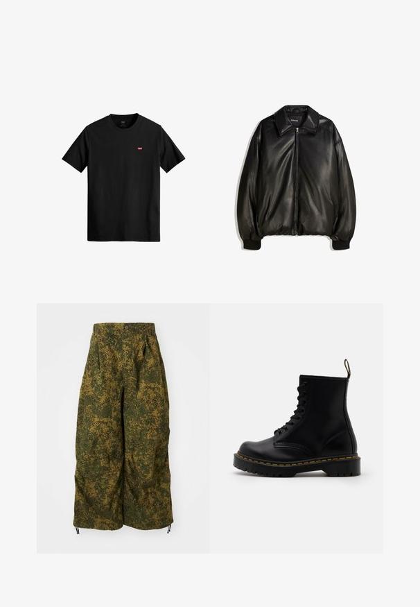 Sort læderjakke med lynlås foran, stor krave, ribbede manchetter og en løs silhuet. Glat tekstur med minimal detaljer.; Sort bomulds T-shirt med rund halsudskæring, korte ærmer og et lille rødt Levi's logo på venstre bryst. Letvægts og en simpel design.; Bredde bukser med grønt og brunt pixeliseret camouflagemønster, knaplukning og snoretræk ved kanten.; Sorte læder ankelstøvler med snørebånd foran, gul syning, en rund tå og en tyk, tekstureret gummisål.
