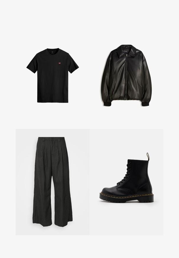 Svart läderjacka med dragkedja fram, stor krage, ribbade ärmslut och en lös silhuett. Slät textur med minimal detaljering.; Svart bomullströja med rund hals, korta ärmar och en liten röd Levi's-logga på vänster bröst. Lätt och enkel design.; Svarta randiga byxor med vida ben och veck, som har en skräddarsydd design och en mjuk textur. Ingen synlig hårdvara eller detaljer.; Svarta läderankelboots med snörning framtill, gul söm, rund tå och en tjock, texturerad gummisula.