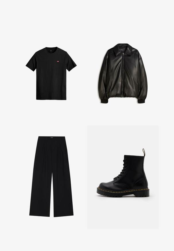 Sort læderjakke med lynlås foran, stor krave, ribbede manchetter og en løs silhuet. Glat tekstur med minimal detaljer.; Sort bomulds T-shirt med rund halsudskæring, korte ærmer og et lille rødt Levi's logo på venstre bryst. Letvægts og en simpel design.; YOURTURN UNISEX - Bukser - black; Sorte læder ankelstøvler med snørebånd foran, gul syning, en rund tå og en tyk, tekstureret gummisål.
