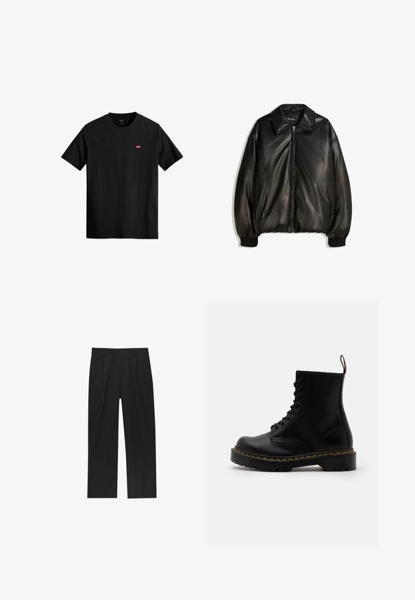 Sort læderjakke med lynlås foran, stor krave, ribbede manchetter og en løs silhuet. Glat tekstur med minimal detaljer.; Sort bomulds T-shirt med rund halsudskæring, korte ærmer og et lille rødt Levi's logo på venstre bryst. Letvægts og en simpel design.; Sorte bukser med lige ben, lavet af et glat stof. Har frontfolder og en enkelt knaplukning i taljen.; Sorte læder ankelstøvler med snørebånd foran, gul syning, en rund tå og en tyk, tekstureret gummisål.