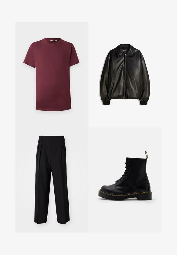 Schwarze Lederjacke mit einem Reißverschluss vorne, großem Kragen, gerippten Bündchen und einer lockeren Silhouette. Glatte Textur mit minimalen Details.; Burgunderfarbenes Rundhals-T-Shirt aus weicher Baumwolle, mit kurzen Ärmeln und klassischer Passform. Es hat einen geraden Saum und keine Muster oder Hardware-Details.; Schwarze, plissierte Hose mit geradem, weitem Bein. Hergestellt aus glattem Stoff, mit Knopfverschluss und Gürtelschlaufen.; Schwarze Leder-Ankle-Boots mit schnürbarem Vorderteil, gelben Nähten, runder Zehenpartie und dicker, strukturierter Gummisohle.