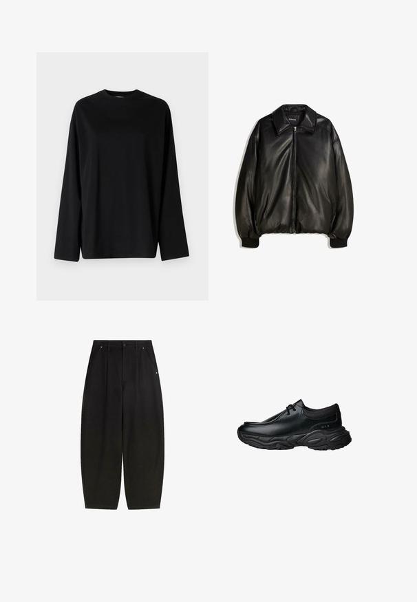 Jachetă din piele neagră cu fermoar frontal, guler mare, manșete cu nervuri și o siluetă lejeră. Textură netedă cu detalii minime.; Weekday OVERSIZED LONG SLEEVE - Bluză cu mânecă lungă - black; Pantaloni negri cu picior larg, cu buzunare frontale, design pliat și finisaj curat. Fabricati dintr-un material texturat cu închidere cu nasture.; Pantofi negri din piele, tip slip-on, cu vârf rotunjit și talpă din cauciuc texturat, gros. Prezintă cusături fine și accente elastice la guler.