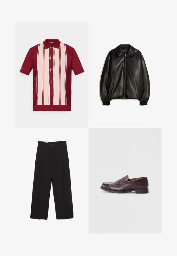 Crna kožna jakna s patentnim zatvaračem, velikim ovratnikom, rebrastim manžetama i opuštenim krojem. Glatka tekstura s minimalnim detaljima.; Polo majica s kratkim rukavima i gumbe, s crvenim i svijetlo bež okomitim prugama te crvenim ovratnikom, prikazana na bijeloj pozadini.; Crne široke hlače od glatkog materijala, s ravnim pojasom, prednjim nabranim detaljima i zatvaranjem na jedan gumb.; Bordo kožne mokasine s okruglim vrhom, suptilnim šavovima i niskim crnim đonom. Klasičan dizajn s minimalnim ukrasima.