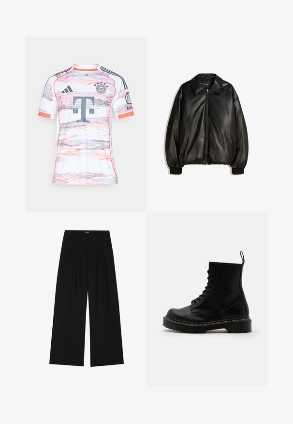 Giacca in pelle nera con zip frontale, colletto ampio, polsini a costine e silhouette ampia. Tessuto liscio con dettagli minimi.; Maglia da calcio bianca a maniche corte con motivi astratti rosa e grigi, dotata di colletto rotondo, logo Adidas e stemma del Bayern Monaco.; YOURTURN UNISEX - Pantaloni - black; Stivaletti alla caviglia in pelle nera con lacci anteriori, cuciture gialle, punta rotonda e suola in gomma spessa e testurizzata.
