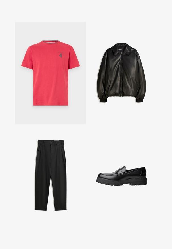 Schwarze Lederjacke mit einem Reißverschluss vorne, großem Kragen, gerippten Bündchen und einer lockeren Silhouette. Glatte Textur mit minimalen Details.; Rotes Baumwoll-T-Shirt mit Rundhalsausschnitt und kurzen Ärmeln. Verfügt über ein kleines dunkles Logo und die Nummer "4" auf der Brust gedruckt. Einfaches Design.; Schwarze Baumwollhose mit lockerem Schnitt, ausgestattet mit einem klassischen Bund, vorderen Falten und Seiten taschen. Glatte Textur ohne Muster.; Schwarzer Lederloafer mit grobem, rutschfestem Sohlenprofil und dekorativem Riemen über der Oberseite, seitlich links auf weißem Hintergrund abgebildet.