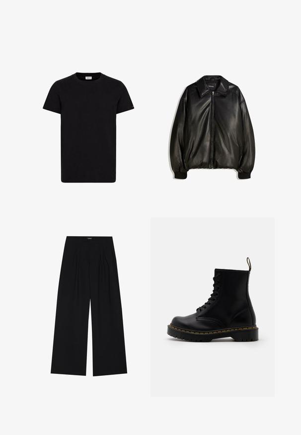 Black leather jacket featuring a zip front, large collar, ribbed cuffs, and a loose silhouette. Smooth texture with minimal detailing.; Black cotton t-shirt with a crew neck, short sleeves, and a straight hem. Features a small logo tag on the lower side. Regular-fit style.; YOURTURN UNISEX - Trousers - black; Black leather ankle boots with a lace-up front, yellow stitching, a rounded toe, and a thick, textured rubber sole.