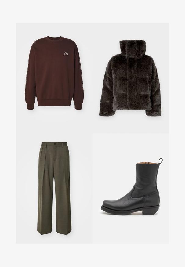 Tmavě šedá bunda z umělé kožešiny s vysokým límcem, prošívaným vzorem a texturovanou látkou. Rukávy jsou mírně volné a vycpané.; Hnědá mikina s kulatým výstřihem, dlouhými rukávy a žebrovanými manžetami. Obsahuje malé logo na hrudi a text podél rukávu.; Filippa K WIDE TROUSERS - Kalhoty - driftwood; Černá kožená kotníková bota s hladkým povrchem, štíhlým profilem, bočním prošíváním a nízkým čtvercovým podpatkem. Obsahuje poutko na zadní straně.