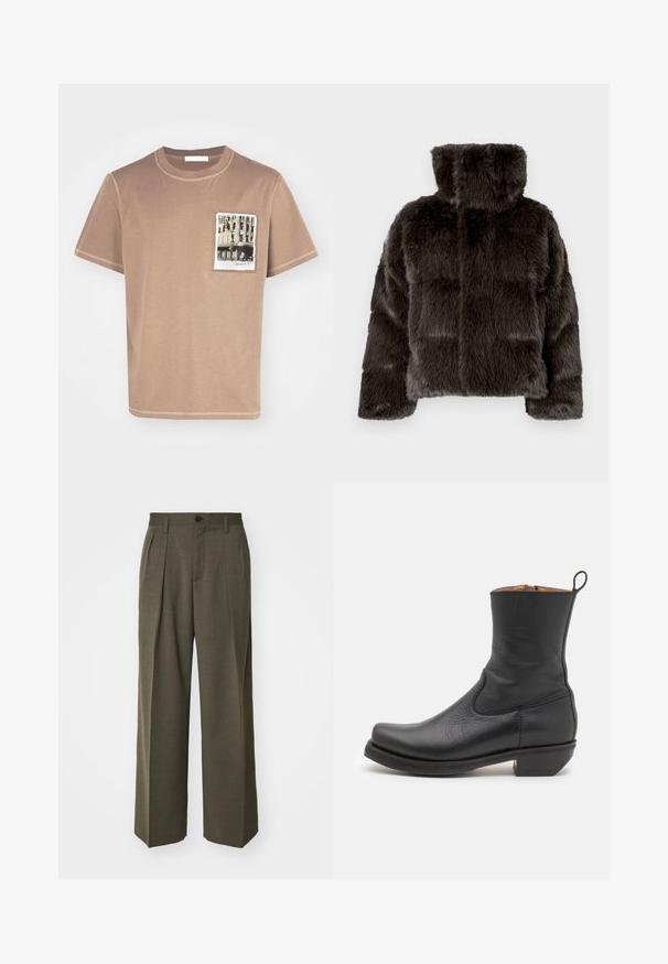Dark grey faux fur jacket featuring a high collar, quilted design, and textured fabric. The sleeves are slightly loose and padded.; Brown cotton t-shirt with a round neckline, short sleeves, and a front pocket featuring a printed image of a building.; Filippa K WIDE TROUSERS - Trousers - driftwood; Black leather ankle boot with a smooth texture, slim profile, side stitching, and a low square heel. Features a pull tab at the back.