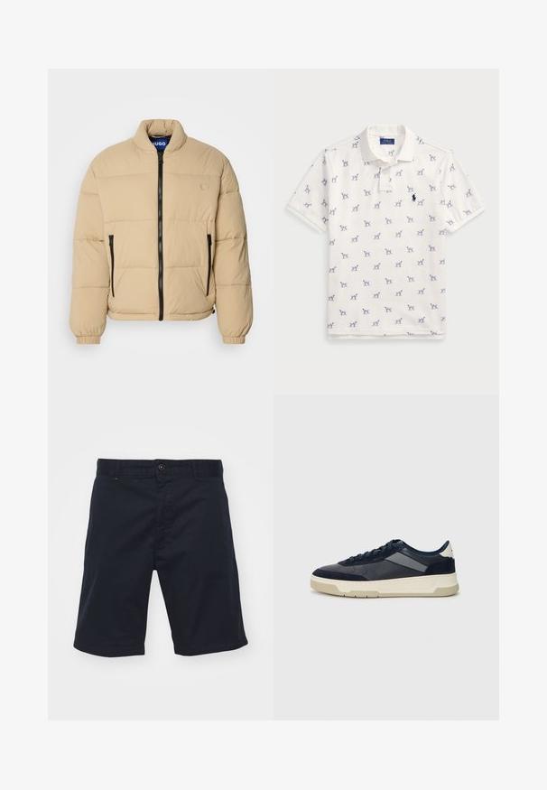 Šviesiai rudos spalvos pūkinė striukė su aukštu apykakle, užtrauktuku priekyje ir dviem užtrauktukais uždaromomis kišenėmis. Yra siuvinėjimo raštas ir elastingi rankogaliai. Ant krūtinės yra logotipas.; Balta polo marškiniai, pagaminti iš medvilnės, su pasikartojančiu mėlynu šunų raštu ir mažuoju mėlynu logotipu ant krūtinės. Trumpomis rankovėmis ir apykakle.; Tamsiai mėlynos medvilninės šortai su mygtuku, tiesaus kirpimo, su priekine kišene. Turi lygią tekstūrą ir paprastą dizainą.; BOSS BALTIMORE - Sportbačiai - open blue