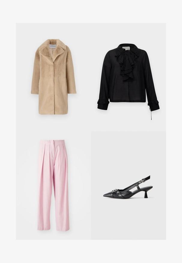 STAND STUDIO CAMILLE COCOON COAT - Wintermantel - powder beige; Zwarte blouse met lange mouwen, voorzien van een gerimpelde voorkant, striksluiting en gerimpelde manchetten, tentoongesteld tegen een witte achtergrond.; Roze geplooide broeken met een op maat gemaakte uitstraling, gemaakt van lichtgewicht stof met een gladde textuur en een wijde pijp.; Zwarte leren slingback schoen met een puntige neus, decoratieve banden met metalen oogjes en een lage blokhak. Textuur oppervlak.