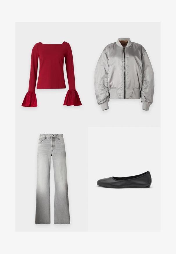 Giubbotto bomber argento con un esterno lucido, polsini e colletto a costine, chiusura con zip e tasche laterali. Tessuto interno morbido.; Maglietta rossa a maniche lunghe con scollo quadrato. Presenta maniche svasate e texturizzate e un corpo liscio. Realizzata in un tessuto morbido.; Jeans a gamba larga in denim grigio con vita alta, texture sbiadita, cinque tasche e patta con zip e chiusura a bottone.; Pantofole da balletto nere in pelle con punta arrotondata, texture liscia, dettagli di cucitura minimi e design con suola flessibile.