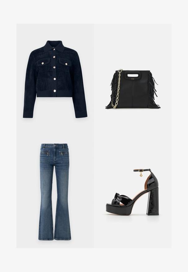 Tmavě hnědá zkrácená bunda s dlouhými rukávy, zapínáním na knoflíky vpředu a na manžetách, a dvěma klopovými kapsami s knoflíky na hrudi.; Námořnicky modrá krátká bunda z měkké, strukturované látky s límcem, zapínáním na knoflíky vpředu a dvěma náprsními kapsami se zlatými knoflíky.; Šedé pletené polo tričko s krátkými rukávy, žeberkovou strukturou a dekorativním korálkovým límcem. Obsahuje tři knoflíky vpředu.; Rozšířené modré džíny z denimu s středním pasem, obsahující přední a zadní kapsy a jemně zesvětlený vzhled.; Maje Sandály na vysokém podpatku - noir; Černá kožená kabelka s třásněmi, zlatým řetízkovým ramenním popruhem a rukojetí s výřezem. Na přední straně se nachází logo.