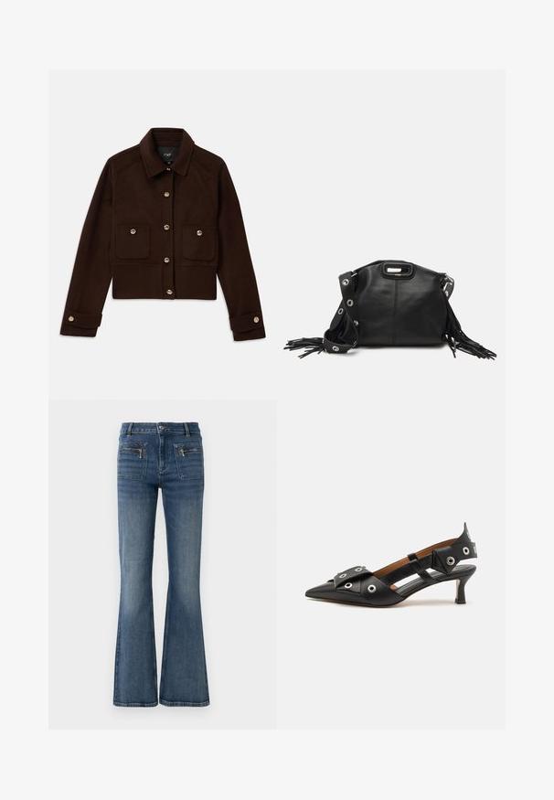 Tamno smeđi skraćeni jakna s dugim rukavima, dugmadima sprijeda i na manžetama, te dva džepa s preklopom i dugmadima na prsima.; Sivi pleteni polo majica s kratkim rukavima, rebrastom teksturom i dekorativnom ovratnikom od perlica. Ima tri gumba sprijeda.; Plave traperice s razvedenim nogavicama i srednjim strukom, s prednjim i stražnjim džepovima te blagim izbjeljenjem.; Crne kožne cipele s otvorenom petom i šiljastim vrhom, s dekorativnim petljama, niskom kitten petom i dizajnom srezu sa strane.; Maje MISS MINI - Torba preko tijela - noir; Zlatne naušnice s višestrukim kaskadnim lancima, s prozirnim ovalnim cirkonima i dekorativnim šiljcima na vrhu.