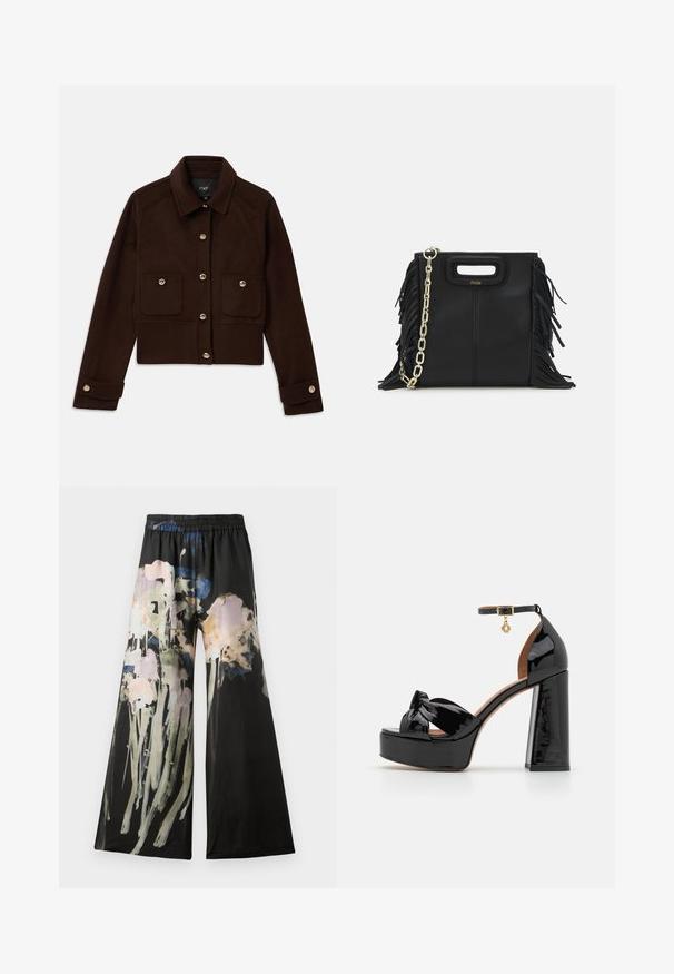 Mørkebrun cropped jakke med lange ærmer, knaplukning foran og ved håndleddene samt to klaplommer med knapper på brystet.; Grå strikket polo t-shirt med korte ærmer, ribbet tekstur og en dekorativ krave med perler. Har tre knapper foran.; Breddebukser i sort stof med et akvarel blomstermønster i pink, blå og grønne nuancer; elastisk talje for komfort.; Maje Højhælede sandaletter / Højhælede sandaler - noir; Sort læder skuldertaske med frynse-detaljer, guldkæde skulderrem og udskåret håndtag. Har logo placeret på forsiden.