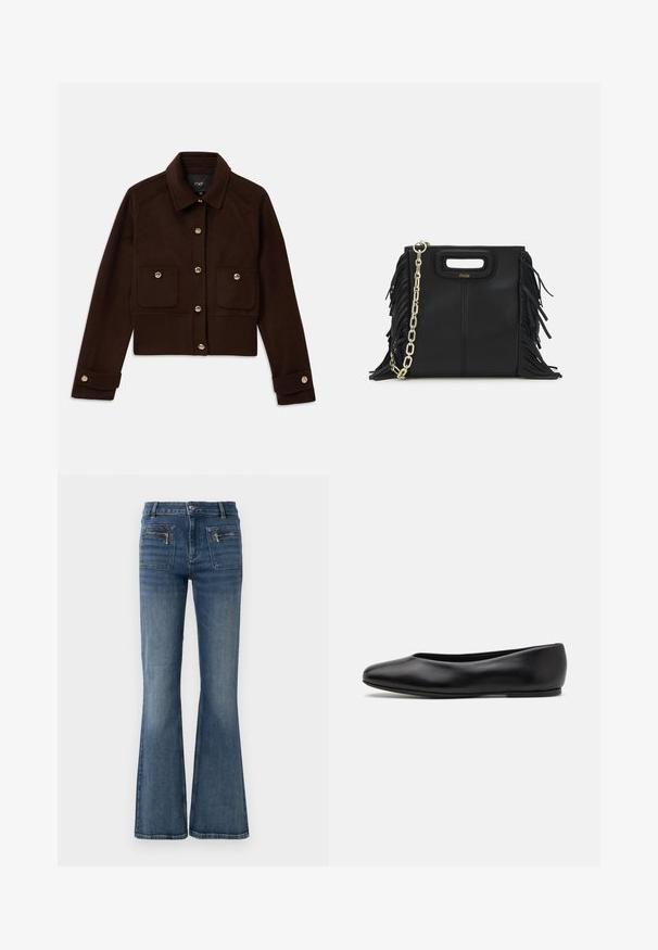 Chaqueta corta marrón oscuro con mangas largas, frontal abotonado y puños, y dos bolsillos con solapa y botones en el pecho.; Camisa de polo de punto gris con mangas cortas, textura en relieve y un cuello decorativo con cuentas. Presenta tres botones en la parte delantera.; Jeans de denim azul acampanados con una cintura de altura media, que cuentan con bolsillos delanteros y traseros y un sutil lavado desvanecido.; Paul Smith TOPANGA - Bailarinas - black; Bolso de mano de cuero negro con detalles de flecos, correa de cadena dorada para el hombro y un asa con corte. Presenta una colocación del logotipo en la parte frontal.