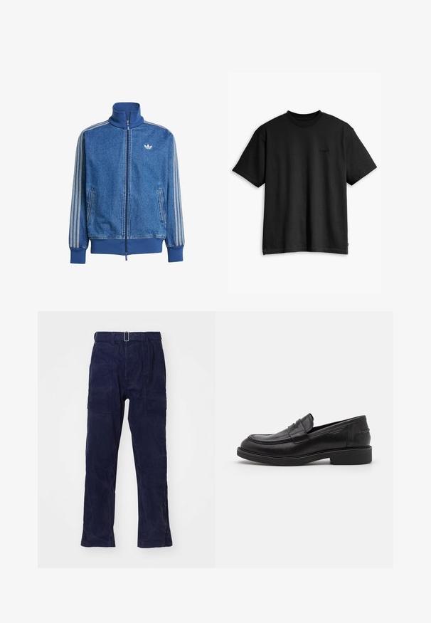 Chaqueta de mezclilla azul con cremallera y cuello alto, logo blanco en el pecho y rayas verticales en contraste a lo largo de las mangas.; Camiseta de algodón negra con cuello redondo y mangas cortas. Presenta un sutil logotipo en la parte delantera y un dobladillo recto. Diseño simple y minimalista.; Pantalones de trabajo de pierna ancha en azul marino, fabricados con un tejido duradero, con cintura alta, trabillas para cinturón y grandes bolsillos laterales. Acabado texturizado.; Mocasines de cuero negro con puntera redondeada, costuras tonales y un detalle de tira en la parte frontal. Suela de goma con un tacón bajo.