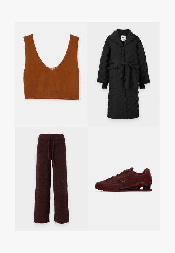 Sort quiltet lang jakke med klapkrave, bælte i taljen og lange ærmer. Har en subtil tekstur og et sporty design.; Rustrød strikket bralette med dyb V-hals, brede stropper og en tætsiddende bånd forneden. Glat tekstur uden yderligere mønstre.; Bordeaux, teksturerede joggers lavet af blødt stof. Har en drawstring talje og brede ben for komfort. Ingen synlige tilbehør eller mønstre.; Bordeaux Nike sneakers med sorte sål accenter, snørebånd og swoosh logo, vist i profil på hvid baggrund.