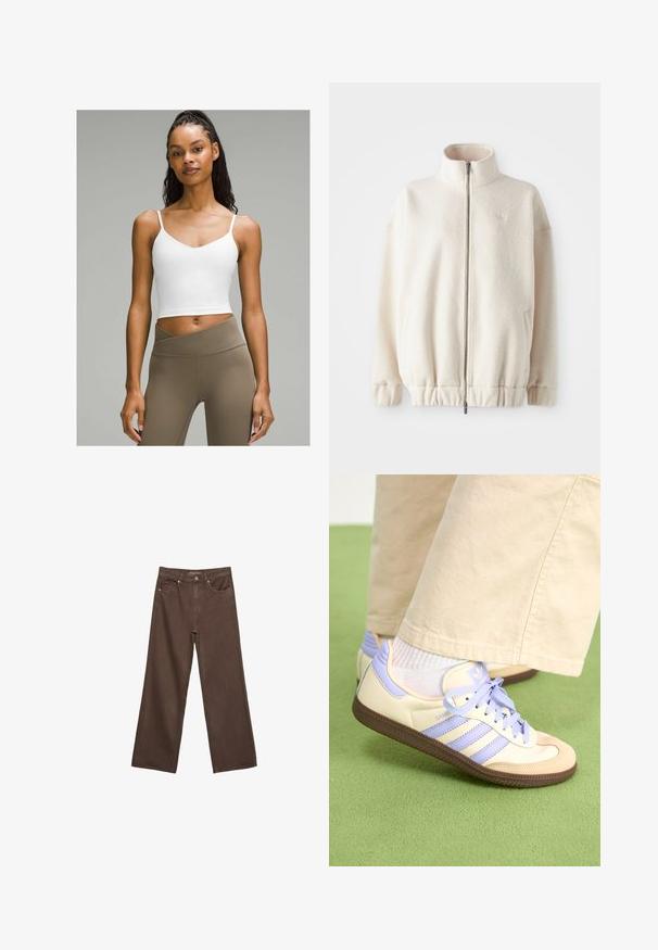 Béžová fleecová bunda na zip s vysokým límcem, žebrovanými manžetami, elastickým lemem a bočními kapsami. Jemné logo na hrudi.; Bílý zkrácený top s tenkými ramínky a výstřihem do V. Kombinováno s kalhotami vysokého pasu v světle hnědé barvě. Hladká textilie.; Hnědé džíny s širokými nohavicemi vyrobené z denimu, s vysokým pasem, předními kapsami a klasickým zapínáním na knoflík. Hladká textura s jemným švem.; Krémové a levandulové tenisky se třemi pruhy a texturovanou hnědou podrážkou, vybavené tkaničkami a polstrovanou patou. Měkký textilní svršek.