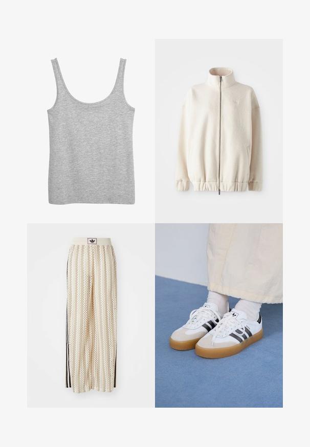 Kreemi värvi fliisist tõmbluku juu, millel on kõrge krae, soonikkoes mansetid, elastne alläär ja küljetaskud. Rinnaosal diskreetne logo.; Hallitus halli tank top õrnast puuvillast materjalist, laiad õlavarre rihmad ja ümar kaelus. Sile tekstuur ja nähtavad mustrid puuduvad.; Kreemivärvilised lai säärega püksid, millel on siksakmustrit, must logoga vööp ja külgmised mustad triibud. Kerge, tekstureeritud kangas.; Valged tossud mustade triipudega ja beeži nahaga aktsentidega. Omavad tekstuuriga kummist talla ja lamedaid valgeid paelu, kantud heledate sokkidega.