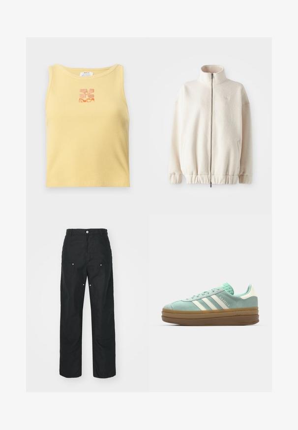 Fleece jakke med glidelås i kremfarge, med høy krage, ribbestrikkede mansjetter, elastisk kant og sidelommer. Diskret logo på brystet.; Gul, ribbet tanktopp med et lite, brodert blomstermotiv i oransje i midten. Enkel, ermeløs design med rund halsutringning.; Svarte bukser med rett ben-design, laget av et strukturert stoff. Har dekorativt sølvtilbehør og unike sømdetaljer.; adidas Originals GAZELLE BOLD - Joggesko - ash green/off white