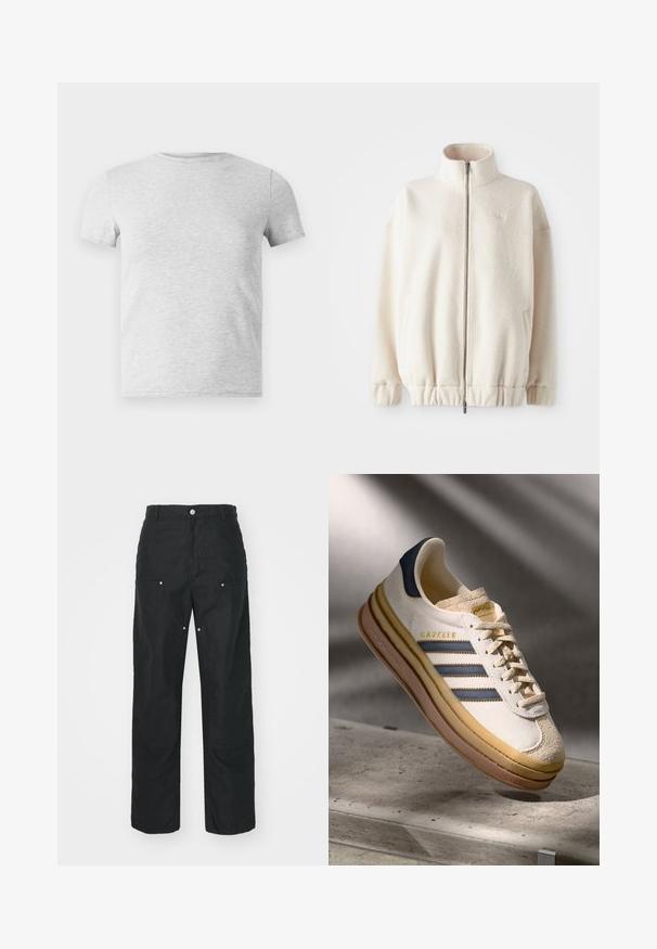 Fleece zip-up jacket in cream, featuring a high collar, ribbed cuffs, elastic hem, and side pockets. Subtle logo on the chest.; Gray short-sleeve t-shirt with a crew neck, made from a cotton blend, featuring a smooth texture and a simple, unadorned design.; Black trousers with a straight-leg design, made of a textured fabric. Features decorative silver hardware and unique seam detailing.; Adidas Gazelle sneaker featuring a cream suede upper, blue leather accents, three blue stripes, beige midsole, and brown rubber outsole.