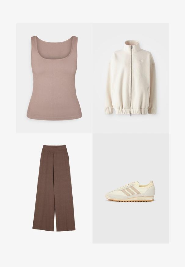 Krémszínű fleece zipzáras dzseki, magas gallérral, bordás mandzsettával, elasztikus derékkal és oldalsó zsebekkel. Diszkrét logó a mellkasán.; Csíkozott, puha bézs színű ujjatlan top, négyzet alakú kivágással. Az anyaga sima tapintású, és testhez simuló fazonú.; Széles szárú nadrág, texturált, bordázott anyagból, meleg barna színben. Zökkenőmentes derékrésszel és folyékony sziluettel rendelkezik.; Krém színű sportcipő, három bézs csíkkal, velúr és textil anyagokból, texturált talppal és dombornyomott márkázással a saroknál.