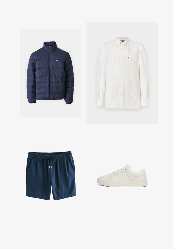 Chaqueta acolchada de color navy con un alto cuello, diseño acolchado, cierre frontal y pequeño logo decorativo en el pecho. Material suave y ligero.; Camisa de manga larga con botones en algodón color crema claro, con finas rayas verticales, un bolsillo en el pecho y un pequeño logo en el lado izquierdo.; Pantalones cortos azul marino hechos de un tejido ligero. Cuentan con una cinturilla elástica con cordón y dos bolsillos laterales. Diseño sencillo.; Zapatilla de piel blanca con textura suave, puntera redonda, suela de goma plana y costuras intrincadas. Presenta un detalle de logo en el costado.