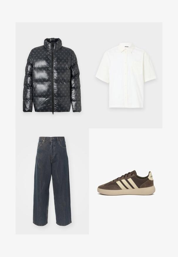 Pufferjack in een glanzend donkergrijs materiaal met een hoge kraag, voorzien van een subtiel logo patroon over het hele oppervlak en een volledige rits aan de voorkant.; Korte mouwen, knoopshirt van off-white katoen. Bevat een kraag en een borstzak aan de linkerkant met een eenvoudig ontwerp en een zachte textuur.; Brede donkerblauwe denim jeans met subtiele verwering, vijf zakken en een klassieke knoop- en ritssluiting in de taille.; Bruine suède sneaker met drie witte strepen, afgeronde neus, dikke rubberen zool en minimale branding op de hiel.