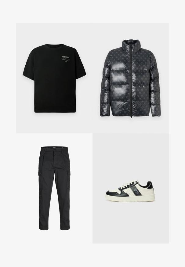 Fényes sötétszürke anyagú steppelt dzseki magas gallérral, amelyen finom, all-over logó minta található és teljes hosszúságú cipzárral rendelkezik.; Fekete pamut póló kerek nyakkivágással és rövid ujjakkal; a bal felső oldalon fehér nyomtatott szöveg található. Sima tapintás.; Fekete cargo nadrág, amely tartós anyagból készült, több zsebet tartalmaz, gombos záródással rendelkezik, és karcsú szabású, szűkített lábakkal bír.; Fekete és krém színű bőrsneaker, perforált díszítésekkel, párnázott bokapánttal és texturált talppal.