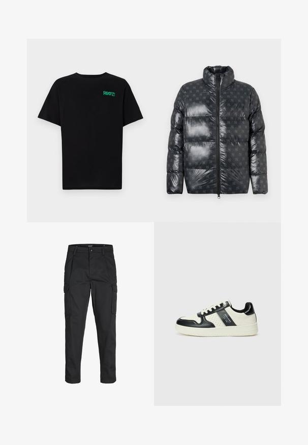 Prsluk od puf jake u sjajnom tamnosivom materijalu s visokim ovratnikom, koji sadrži suptilan uzorak s logotipom po cijeloj površini i punim prednjim zatvaračem.; Crna majica kratkih rukava od pamuka. Na prednjem dijelu se nalazi zeleni "ROOTS" logo, okrugli izrez i standardni kroj.; Crne cargo hlače izrađene od čvrstog materijala, s brojnim džepovima, kopčanjem na gumb i dizajnom koji pomaže da se prilagode tijelu sa suženim nogavicama.; Kožne tenisice s crno-bijelom paletom boja, koje imaju perforirane akcentne detalje, podstavljeni ovratnik i teksturiranu potplat.