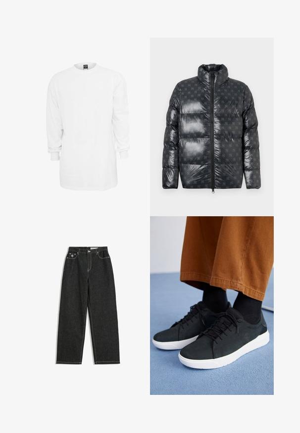 Puffermantel aus glänzendem, dunklem Grau mit hohem Kragen, der ein dezentes Logo-Muster in voller Fläche und einen durchgehenden Reißverschluss hat.; Langärmliges, weißes Baumwoll-T-Shirt mit Rundhalsausschnitt, lockerer Passform und gerippten Bündchen. Schlichtes Design, keine Grafiken oder Muster.; Schwarze gerade geschnittene Jeans mit weißen Nähten, Fünf-Taschen-Design, Knopf- und Reißverschluss, und einem kleinen Logo auf der vorderen rechten Tasche.; Schwarze Wildleder-Sneaker mit weißen Gummisohlen, mit Schnürdesign, strukturierten Akzenten und dezentem Branding, kombiniert mit braunen Hosen.