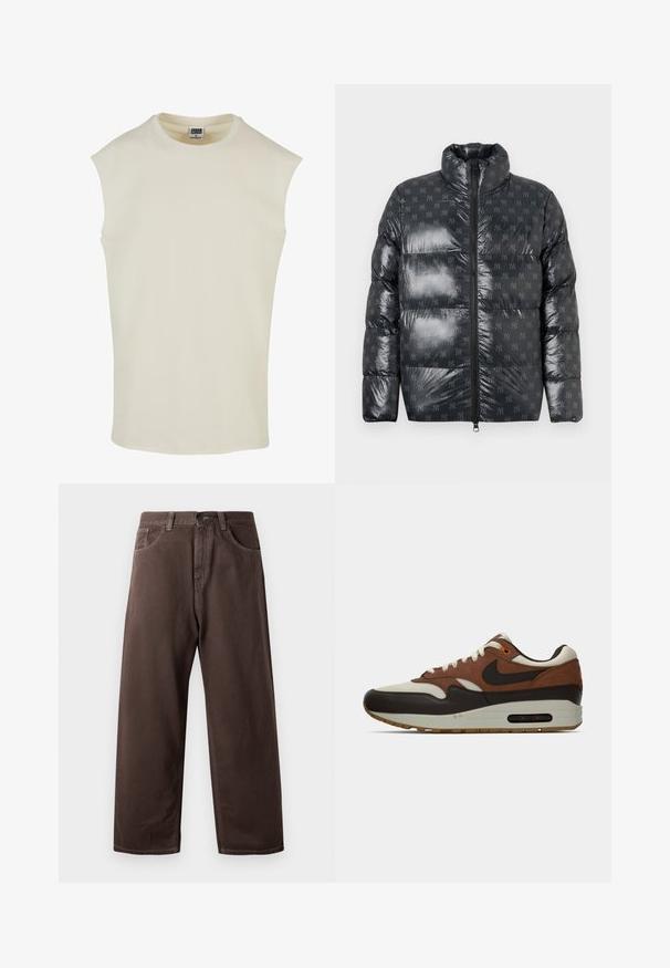 Puffer jacket in a glossy dark gray material with a high collar, featuring a subtle all-over logo pattern and full front zipper.; Beige sleeveless cotton top with a crew neck and rounded hem. Smooth texture, minimalistic design, no patterns or embellishments.; Brown wide-leg pants made of cotton, featuring a classic five-pocket design, a zip fly, and visible stitching details.; Brown, cream, and black Nike Air Max sneaker with visible air cushion sole and lace-up design, shown in side profile on a white background.