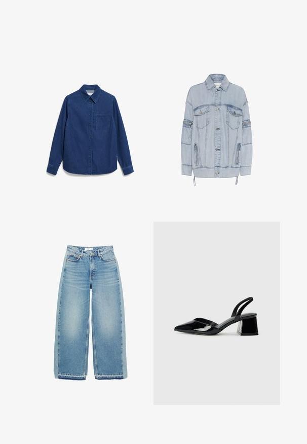 Lichtblauwe denimjack met een ontspannen pasvorm, vier voorzakken, zilverkleurige hardware en ritssluitingen aan de zijkanten. Beschikt over een trekkoord aan de onderkant en naden.; Denim overhemd in donkerblauw met lange mouwen, knopenvoorzijde, puntige kraag, enkele borstzak en subtiele stikdetails.; Lichtblauwe wijde denim jeans met een hoge taille, knoopsluiting, voorzakken en een onafgewerkte zoom.; Zwarte gepatineerde leren slingback hakken met een spitse neus en een geometrische blokhak. Kenmerkt zich door een slank, minimalistisch ontwerp en een gladde textuur.