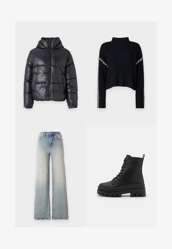 Melna pūkaina jaka ar spīdīgu virsmu, rāvējslēdzēja priekšpusi un augstu apkakli. Iekļauj horizontālu quilted dizainu un elastīgas aproces.; Vero Moda VMNEWCREAM FUNNELNECK PULLOVER - Džemperis - black/birch; Gai zilu platā kāja džinsi, kas izgatavoti no denima, ar augstu jostasvietu, piecām kabatām un redzamu dūrienu gar šuvēm.; Even&Odd Wide Fit Puszābaki ar platformu - black