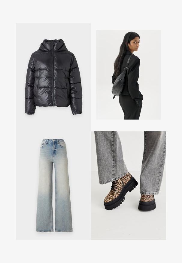 Doudoune noire avec une finition brillante, fermeture éclair à l'avant et col montant. Présente un motif matelassé horizontal et des poignets élastiques.; Vero Moda VMNEWCREAM FUNNELNECK PULLOVER - Pullover - black/birch; Jeans large en denim bleu clair, à taille haute, avec cinq poches et couture visible le long des coutures.; Steve Madden COAST - Bottines à lacets - brown/multi-coloured; Femme avec de longs cheveux foncés portant un costume noir, portant un sac à épaule en cuir noir, regardant par-dessus son épaule contre un fond blanc.