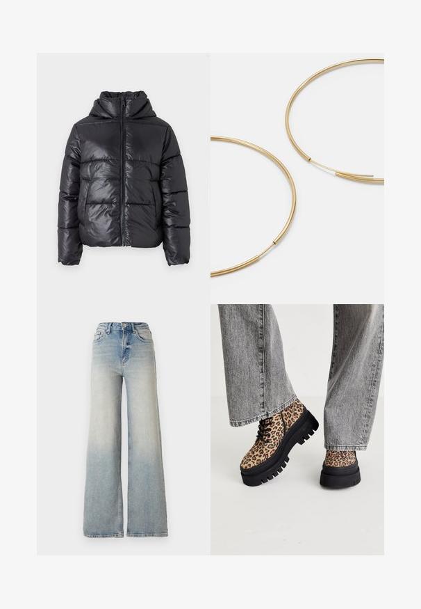 Sort dunjakke med en blank finish, lynlåslukning foran og høj krave. Har lodrette quiltede mønstre og elastiske manchetter.; Vero Moda VMNEWCREAM FUNNELNECK PULLOVER - Striktrøje - black/birch; Lyseblå vid jeans lavet af denim, med høj talje, fem lommer og synlige sømme langs sømmene.; Steve Madden COAST - Snørestøvletter - brown/multi-coloured; Guldfarvede hoops øreringe, tynde og runde i formen, med en glat metallisk finish uden udsmykninger eller mønstre.