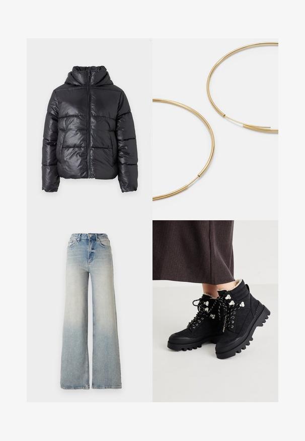 Melna pūkaina jaka ar spīdīgu virsmu, rāvējslēdzēja priekšpusi un augstu apkakli. Iekļauj horizontālu quilted dizainu un elastīgas aproces.; Vero Moda VMNEWCREAM FUNNELNECK PULLOVER - Džemperis - black/birch; Gai zilu platā kāja džinsi, kas izgatavoti no denima, ar augstu jostasvietu, piecām kabatām un redzamu dūrienu gar šuvēm.; Melni potītes zābaki ar tekstūrētu zamša virsroku, masīvu gumijas zoli, metāla acīm un kontrastējošām šņorēm drošai pievilkšanai. Redzams pūkains oderējums.; Zelta krāsas auskari gredzena formā, plāni un apaļi, ar gludu metāla apdari un bez rotājumiem vai zīmējumiem.