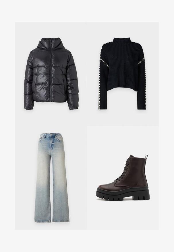 Fekete puffertakaró kabát fényes felülettel, cipzáras elülső résszel és magas gallérral. Jellemzője a vízszintes tűzött mintázat és az elasztikus mandzsetták.; Vero Moda VMNEWCREAM FUNNELNECK PULLOVER - Pulóver - black/birch; Világoskék, bő szárú farmernadrág, magas derékkal, öt zsebbel és látható varrással az illesztések mentén.; Barna bőr bokacipők kerek orral, fekete vastag talppal és fűzőrészletekkel. Hátsó hurkokkal a könnyű felhúzáshoz.