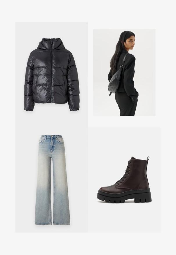 Must mustan värviga puffjakke, millel on läikiv viimistlus, lukuga esikülg ja kõrge krae. Omab horisontaalset tikitud mustrit ja elastseid varrukaotsi.; Vero Moda VMNEWCREAM FUNNELNECK PULLOVER - Džemper - black/birch; Heledad sinine laia säärega teksapüksid, mis on valmistatud denimist, kõrge vöökoht, viis taskut ja nähtav õmblemine õmbluste ääres.; Pruunid nahast pahkluu saapad ümmarguse varbaga, musta massiivse tald ja nööpide detailidega. Varustatud tagumise silmaga mugavaks jalga panemiseks.; Pikkade tumehaired naine mustas ülikonnas, kandes musta nahast õlakotti, vaatab üle õla valge tausta taustal.