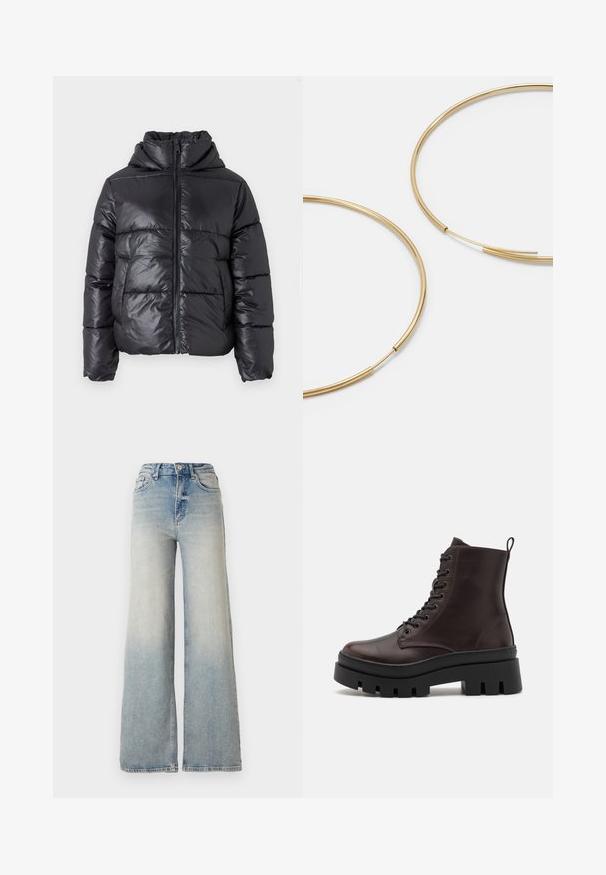 Melna pūkaina jaka ar spīdīgu virsmu, rāvējslēdzēja priekšpusi un augstu apkakli. Iekļauj horizontālu quilted dizainu un elastīgas aproces.; Vero Moda VMNEWCREAM FUNNELNECK PULLOVER - Džemperis - black/birch; Gai zilu platā kāja džinsi, kas izgatavoti no denima, ar augstu jostasvietu, piecām kabatām un redzamu dūrienu gar šuvēm.; Brūni ādas potītes zābaki ar noapaļotu purngalu, melnu masīvu zoli un auklu detaļām. Iespējojiet aizmugures cilpiņu ērtai uzvilkšanai.; Zelta krāsas auskari gredzena formā, plāni un apaļi, ar gludu metāla apdari un bez rotājumiem vai zīmējumiem.