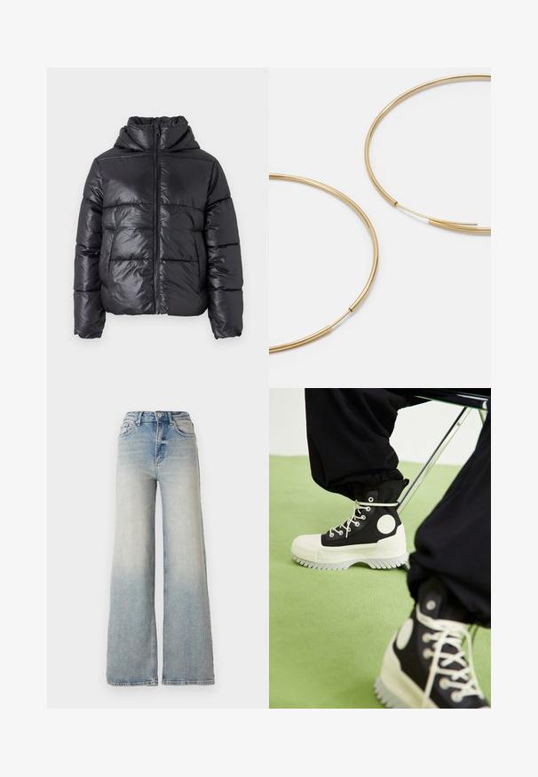 Black puffer jacket with a shiny finish, zip front, and high collar. Features horizontal quilted pattern and elastic cuffs.; Vero Moda VMNEWCREAM FUNNELNECK PULLOVER - Jumper - black/birch; Light blue wide-leg jeans made of denim, featuring a high waist, five pockets, and visible stitching along the seams.; Converse CHUCK TAYLOR ALL STAR LUGGED 2.0 PLATFORM COUNTER CLIMATE EXTRA HIGH - Lace-up ankle boots - black/egret; Gold-colored hoop earrings, thin and round in shape, with a smooth metallic finish and no embellishments or patterns.