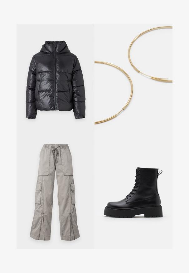 Sort dunjakke med en blank finish, lynlåslukning foran og høj krave. Har lodrette quiltede mønstre og elastiske manchetter.; Vero Moda VMNEWCREAM FUNNELNECK PULLOVER - Striktrøje - black/birch; Lys grå cargo bukser med elastisk talje, justerbart bånd, flere sidelommer og lynlåsåbninger i bunden. Lavet af blødt, letvægtsstof.; Sorte læder ankelstøvler med rund tå, snørebånd foran og en tyk gummisål med struktureret slidbane. Hæfteløkke bagpå.; Guldfarvede hoops øreringe, tynde og runde i formen, med en glat metallisk finish uden udsmykninger eller mønstre.