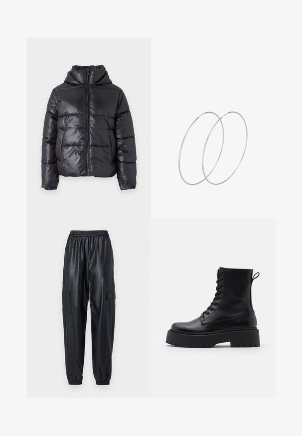 Melna pūkaina jaka ar spīdīgu virsmu, rāvējslēdzēja priekšpusi un augstu apkakli. Iekļauj horizontālu quilted dizainu un elastīgas aproces.; Vero Moda VMNEWCREAM FUNNELNECK PULLOVER - Džemperis - black/birch; Melni cargo bikses, izgatavotas no spīdīga sintētiska materiāla, ar elastīgu jostasvietu, sašaurinātiem kostīmiem un divām sānu kabatām.; Melni ādas potītēm zābaki ar apļveida purngalu, auklām priekšpusē un biezu gumijas zoli ar teksturētu protektoru. Velkšanas cilpa aizmugurē.; Sudraba gredzenveida auskari ar minimālistisku dizainu. Cirkulāra forma, gluda tekstūra un plāns profils. Vieglu svaru ar spīdīgu apdari.