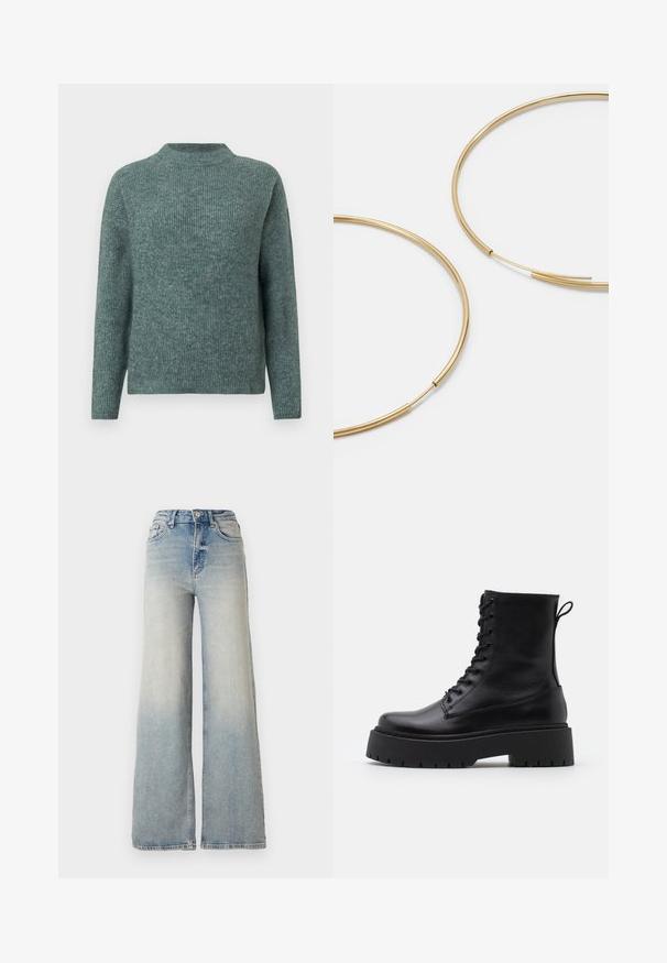 Must mustan värviga puffjakke, millel on läikiv viimistlus, lukuga esikülg ja kõrge krae. Omab horisontaalset tikitud mustrit ja elastseid varrukaotsi.; Roheline soonikmustast kudumist sviiter kõrgema kaelusega ja pikkade varrukatega. Pehme tekstuur, lõdvestunud lõige ning õrnad toonivahed kihtide vahel.; Heledad sinine laia säärega teksapüksid, mis on valmistatud denimist, kõrge vöökoht, viis taskut ja nähtav õmblemine õmbluste ääres.; Mustad mustad nahast pahkluu saapad ümarate varvastega, nööridega esiosas ja paksu kummist talla ning tekstuuritud mustriga. Tagumine tõmbeaas.; Kulla värvi nõelad, õhukesed ja ümmargused, millel on sile metallist pind ja ilma kaunistuste või mustriteta.