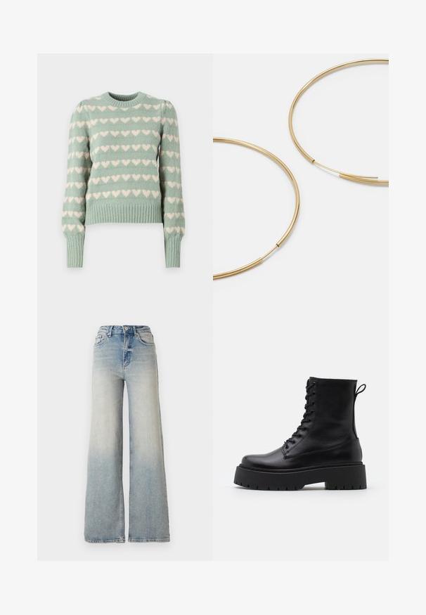 Schwarze Pufferjacke mit glänzender Oberfläche, Reißverschluss vorne und hohem Kragen. Mit horizontalem Steppmuster und elastischen Bündchen.; Mintgrüner Strickpullover mit weißen Herzmustern, gerippten Bündchen und Saum, Rundhalsausschnitt und leicht puffierten Ärmeln.; Hellblaue weit geschnittene Jeans aus Denim, mit hoher Taille, fünf Taschen und sichtbaren Nähten entlang der Säume.; Schwarze Lederstiefeletten mit runder Zehenpartie, Schnürung vorne und einer dicken Gummisohle mit strukturiertem Profil. Mit Zugschlaufe an der Rückseite.; Goldfarbene Ohrringe in Form von dünnen, runden Kreolen, mit einer glatten, metallischen Oberfläche und ohne Verzierungen oder Muster.