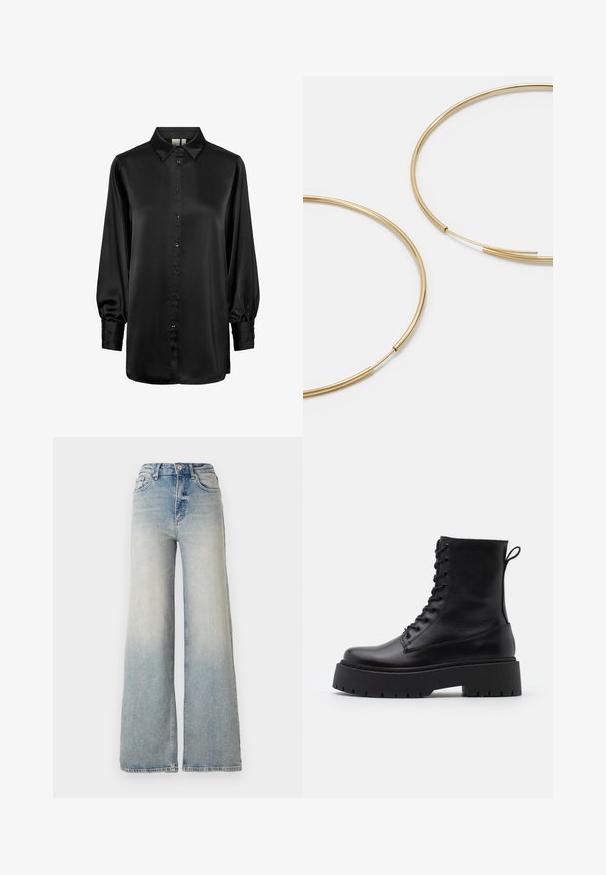 Giacca a vento nera con finitura lucida, chiusura frontale con zip e colletto alto. Presenta un motivo trapuntato orizzontale e polsini elastici.; Blusa nera in satin con colletto, maniche lunghe a sbuffo e chiusura con bottoni frontale. Tessuto liscio e superficie lucida.; Jeans ampi di colore blu chiaro in denim, con vita alta, cinque tasche e cuciture visibili lungo le cuciture.; Stivaletti in pelle nera alla caviglia con punta rotonda, lace-up frontale e suola in gomma spessa con battistrada textured. Tassello sul retro.; Orecchini a cerchio color oro, sottili e rotondi, con una finitura metallica liscia e senza decorazioni o motivi.