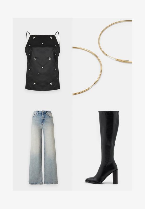 Črna napihnjena jakna s sijočim zaključkom, z zadrgo na sprednji strani in visokim ovratnikom. Ima horizontalni quilted vzorec in elastične manšete.; Črna satenasta brezrokavnica s tankimi naramnicami, okrašena s kristalnimi detajli in sproščeno obliko. Gladka tekstura in minimalističen dizajn.; Svijetloplave široke traperice s visokim strukom, koje imaju pet džepova i vidljivo šivanje uz šavove.; Črne usnjene škornje do kolen s koničastim prstom in robustnim peto. Gladka tekstura z minimalnimi akcenti in prilegajočim se oblikovanjem zgornjega dela.; Zlate obroče ušesne uhane, tanke in krožne oblike, z gladko kovinsko površino brez okrasnih elementov ali vzorcev.